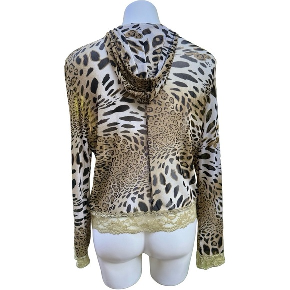 Y2K Sheer Mesh Hoodie L Leopard Mixed Print Lace Trim - Picture 2 of 7